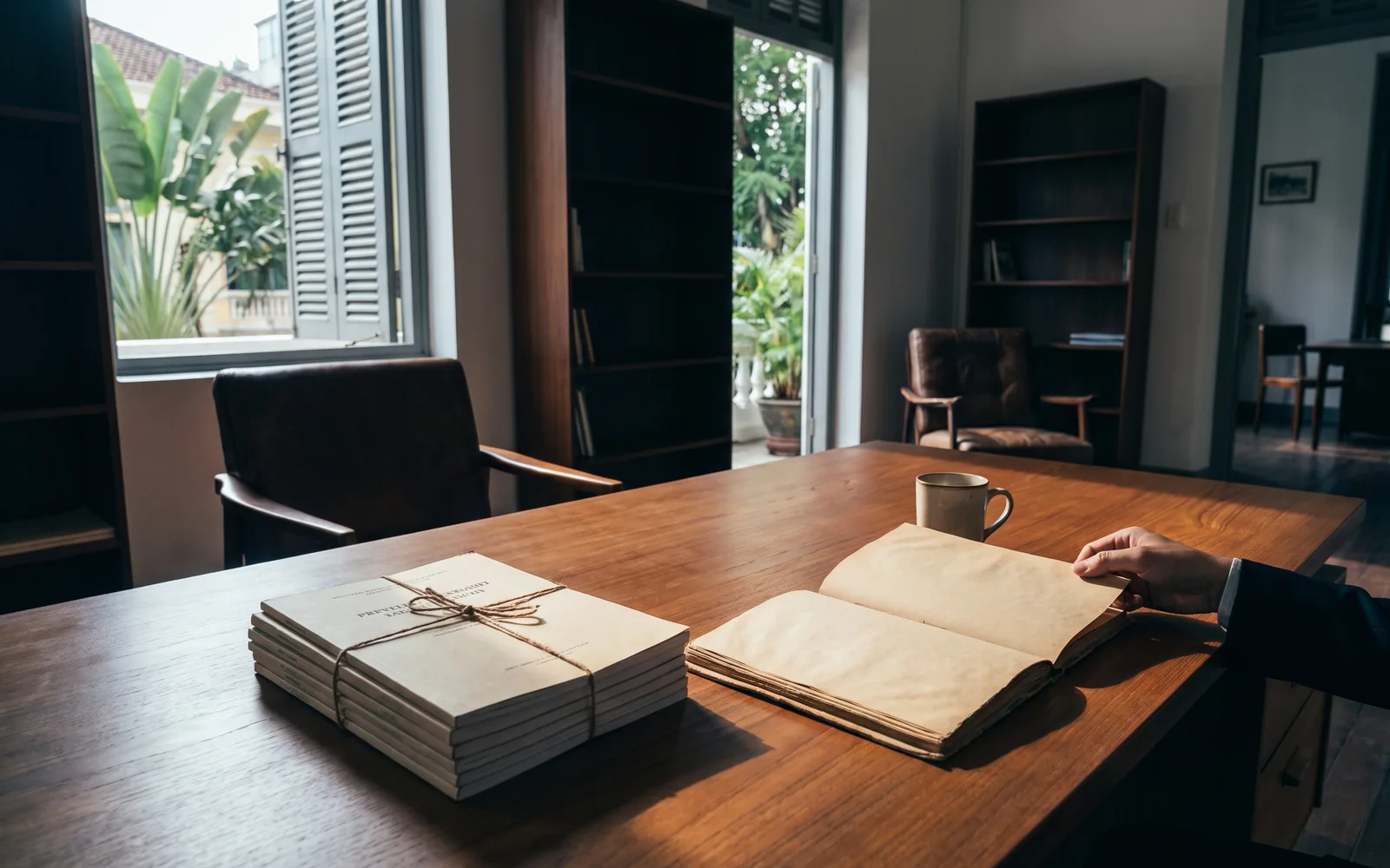 An editorial reading desk in a quiet Ho Chi Minh City study, printed reports in considered light