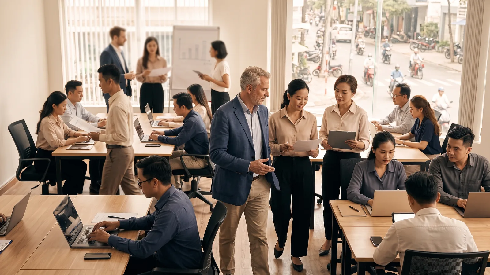 A senior executive with quiet authority in a modern boardroom in Ho Chi Minh City