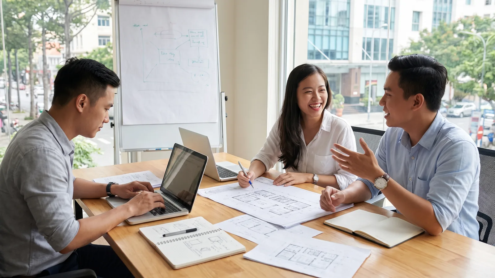 A founder and a senior executive reviewing work together in a bright workspace in Ho Chi Minh City